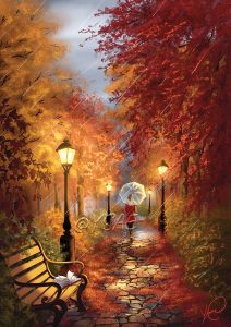 Dessin numérique format affiche représentant une femme dans un parc où les arbres ont des couleurs automnales, qui part en oubliant un livre sur un banc @Ysae illustrations
