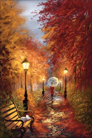 Dessin numérique format carte postale représentant une femme dans un parc où les arbres ont des couleurs automnales, qui part en oubliant un livre sur un banc @Ysae illustrations