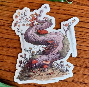Sticker représentant un tronc tordu dans une ambiance automnale @Ysae illustrations