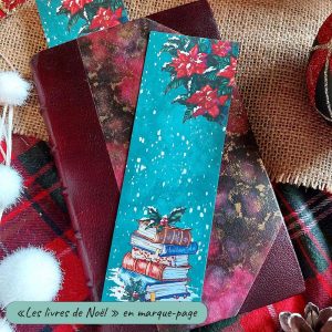 Marque-page illustré d'une pile de livres de Noël présenté sur un livre relié @Ysae illustrations
