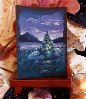 Gouache originale représentant un cairn dans un paysage d'Écosse @Ysae illustrations