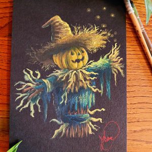 Gouache originale représentant un épouvantail émerveillé par des lucioles @Ysae illustrations