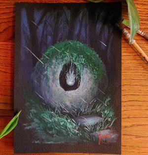 Gouache originale représentant une pierre de sorcières (hag stone) au creux de laquelle se trouve un feu follet @Ysae illustrations