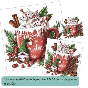 Dessin numérique représentant un mug plein de chocolat chaud, crème et marshmallows présentée entouré d'éléments de Noël en version affichette, carte postale et sticker @Ysae illustrations