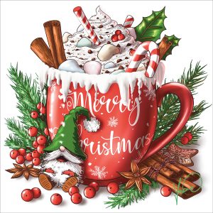 Dessin numérique format affiche représentant un mug de Noël débordant de chocolat aux marshmallows et de chantilly alors qu'un petit lutin est assis à sa base pour tenter d'avaler la crème qui tombe @Ysae illustrations