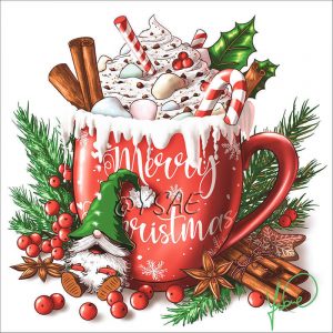 Dessin numérique format carte postale représentant un mug de Noël débordant de chocolat aux marshmallows et de chantilly alors qu'un petit lutin est assis à sa base pour tenter d'avaler la crème qui tombe @Ysae illustrations