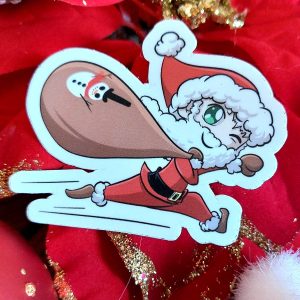 Sticker représentant un père Noël chibi en pleine distribution de cadeaux @Ysae illustrations