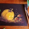 Gouache originale représentant une citrouille creusée façon Jack O' lantern qui découvre, étonnée, des champignons @Ysae illustrations