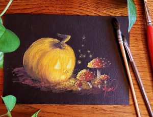 Gouache originale représentant une citrouille creusée façon Jack O' lantern qui découvre, étonnée, des champignons @Ysae illustrations