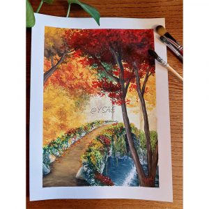 Gouache originale représentant un pont traversant une rivière dans une forêt automnale @Ysae illustrations