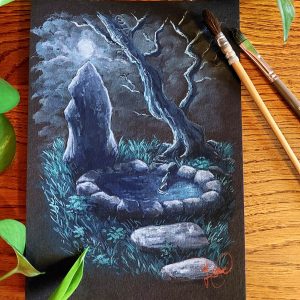 Gouache originale représentant un paysage éclairé par la lune où on trouve une pierre dressée, un bassin et un arbre @Ysae illustrations