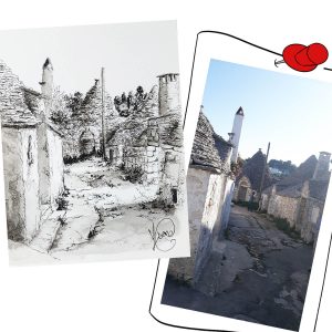 Dessin en noir et blanc à l'encre de Chine d'une rue d'Alberobello en Italie et la photo dont il est tiré @Ysae illustrations