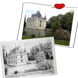 Dessin en noir et blanc à l'encre de Chinedu château d'Azay-le-Rideau et la photo dont il est tiré @Ysae illustrations