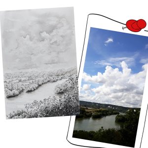 Dessin en noir et blanc à l'encre de Chine de la vue sur la Seine depuis Château-Gaillard en Normandie et la photo dont il est tiré @Ysae illustrations