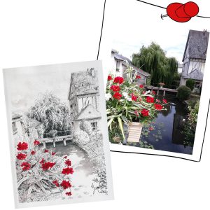 Dessin en noir et blanc à l'encre de Chine de Langeaix, à côté du château et la photo dont il est tiré @Ysae illustrations