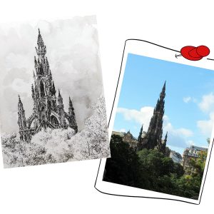 Dessin en noir et blanc à l'encre de Chine du Scott Monument à Édimbourg en Écosse et la photo dont il est tiré @Ysae illustrations