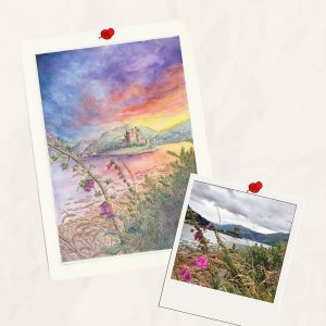 Aquarelle personnalisée représentant Eilean Donan en Écosse dans les Highlands @Ysae illustrations