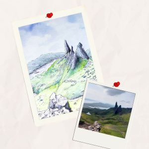 Aquarelle personnalisée représentant le Old man of Storr en Éosse @Ysae illustrations