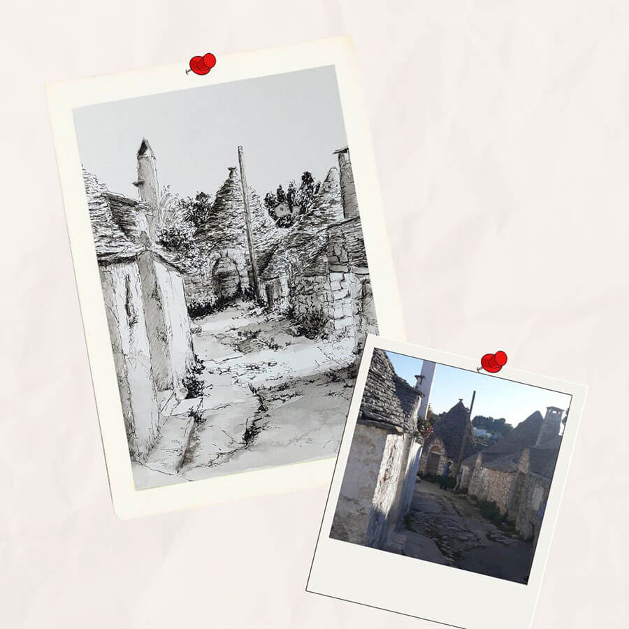 Dessin en noir et blanc à l'encre de Chine d'une rue d'Alberobello en Italie et la photo dont il est tiré @Ysae illustrations