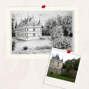 Dessin en noir et blanc à l'encre de Chinedu château d'Azay-le-Rideau et la photo dont il est tiré @Ysae illustrations