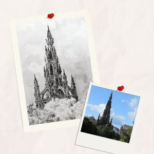 Dessin en noir et blanc à l'encre de Chine du Scott Monument à Édimbourg en Écosse et la photo dont il est tiré @Ysae illustrations