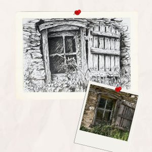 Dessin en noir et blanc à l'encre de Chine de la fenêtre au volet en bois d'une vieille maison de pierres @Ysae illustrations pour le dessin @Pilou Pixel pour la photo