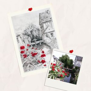 Dessin en noir et blanc à l'encre de Chine de Langeaix, à côté du château et la photo dont il est tiré @Ysae illustrations