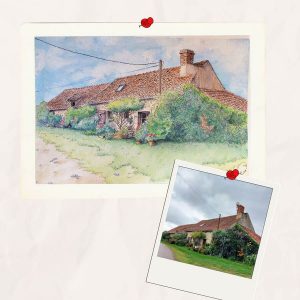 Aquarelle personnalisée représentant une grande maison fleurie sur la route de Meauce dans l'Allier @Ysae illustrations