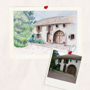 Aquarelle personnalisée représentant une fermette @Ysae illustrations pour l'aquarelle et @Pilou Pixel pour la photo