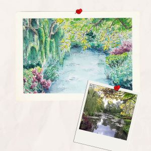 Aquarelle personnalisée représentant le jardin d'eau du peintre Monet à Giverny @Ysae illustrations