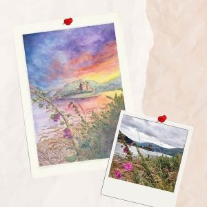 Aquarelle personnalisée représentant Eilean Donan en Écosse dans les Highlands @Ysae illustrations