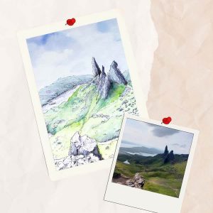 Aquarelle personnalisée représentant le Old man of Storr en Éosse @Ysae illustrations