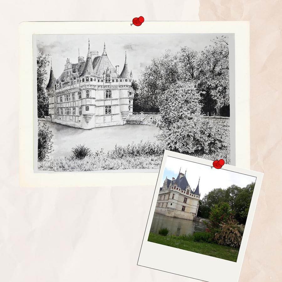 Dessin en noir et blanc à l'encre de Chinedu château d'Azay-le-Rideau et la photo dont il est tiré @Ysae illustrations
