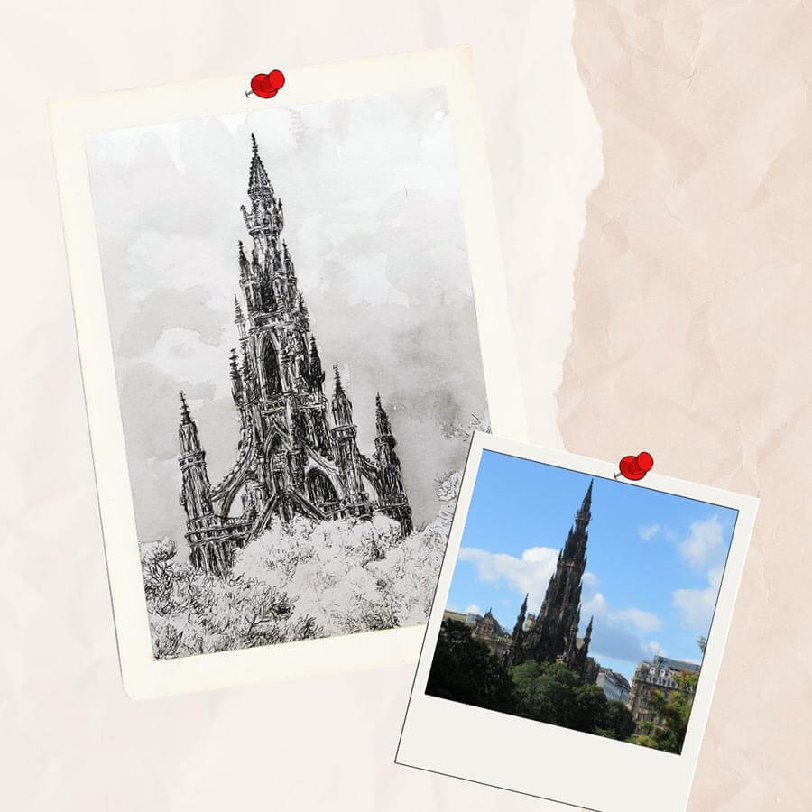 Dessin en noir et blanc à l'encre de Chine du Scott Monument à Édimbourg en Écosse et la photo dont il est tiré @Ysae illustrations