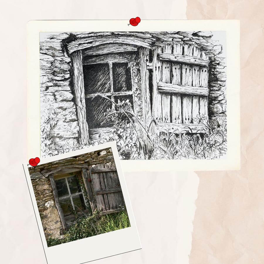 Dessin en noir et blanc à l'encre de Chine de la fenêtre au volet en bois d'une vieille maison de pierres @Ysae illustrations pour le dessin @Pilou Pixel pour la photo