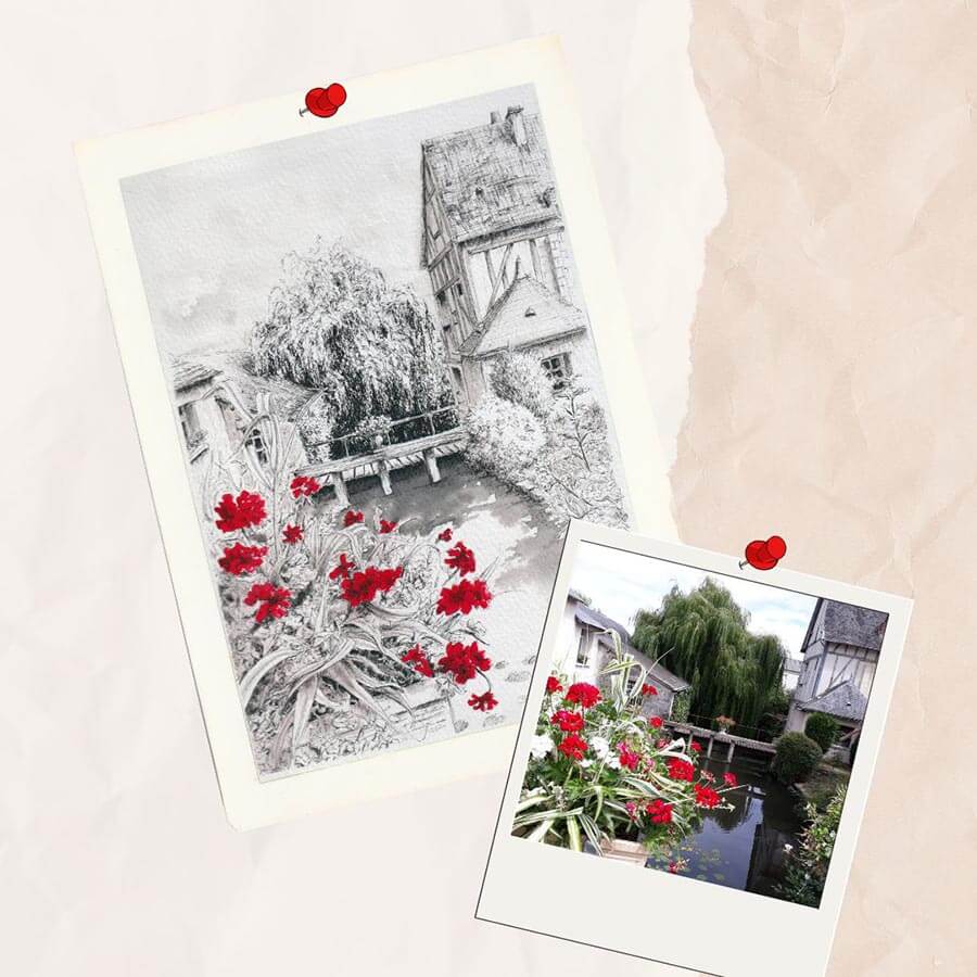 Dessin en noir et blanc à l'encre de Chine de Langeaix, à côté du château et la photo dont il est tiré @Ysae illustrations