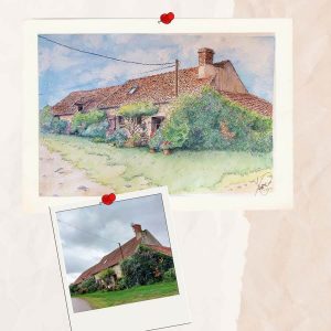 Aquarelle personnalisée représentant une grande maison fleurie sur la route de Meauce dans l'Allier @Ysae illustrations