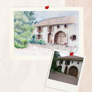 Aquarelle personnalisée représentant une fermette @Ysae illustrations pour l'aquarelle et @Pilou Pixel pour la photo