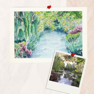 Aquarelle personnalisée représentant le jardin d'eau du peintre Monet à Giverny @Ysae illustrations