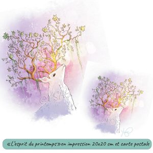Dessin numérique format affiche et carte postale représentant le cerf, esprit du printemps, dont les cornes fleurissent @Ysae illustrations