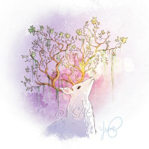Dessin numérique format affiche représentant le cerf, esprit du printemps, dont les cornes fleurissent @Ysae illustrations