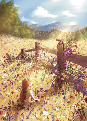 Dessin numérique format affiche représentant une petite fille assise dans un champs de fleurs, en été, en train d'écuter le chant d'un oiseau @Ysae illustrations