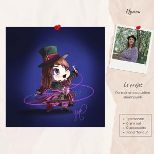 Exemple de portait mignon façon "Chibi" avec un projet de portrait en couturière steampunk. Dessin @Ysae illustrations