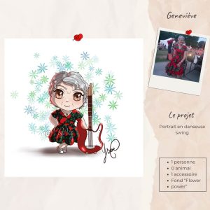Exemple de portait mignon façon "Chibi" avec un projet de portrait danseuse swing avec une guitare. Dessin @Ysae illustrations