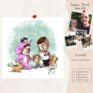 Exemple de portait mignon façon "Chibi" avec un projet de portrait de famille. Dessin @Ysae illustrations
