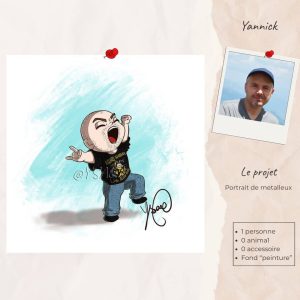 Exemple de portait mignon façon "Chibi" avec un projet de portrait d'un fan de musique métal. Dessin @Ysae illustrations