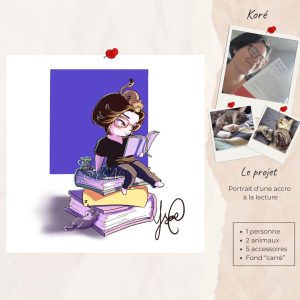 Exemple de portait mignon façon "Chibi" avec un projet de portrait d'une addict à la lecture et de ses chats. Dessin @Ysae illustrations