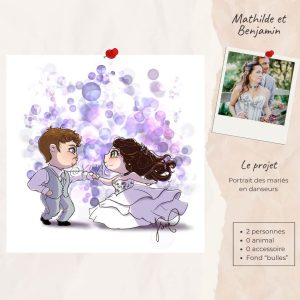 Exemple de portait mignon façon "Chibi" avec un projet de portrait de jeunes mariés. Dessin @Ysae illustrations