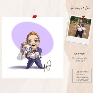 Exemple de portait mignon façon "Chibi" avec un projet de portrait parrain/filleule. Dessin @Ysae illustrations